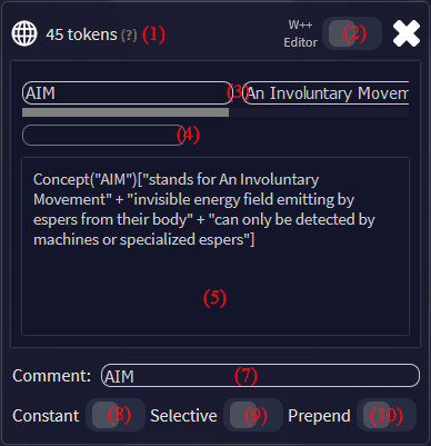 World info entry window, alternating between standard text editor and W++ format editor.